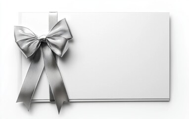 Fototapeta premium A sleek white gift card with a silver ribbon and bow on the left edge, with plenty of space for text, isolated on a clean white background