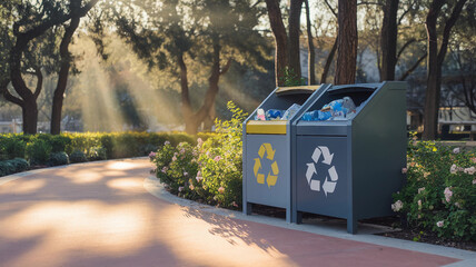 Recycling Bins in a Park with Sunlight Streaming Through Trees and Eco-Friendly Waste Disposal Surrounded by Nature