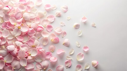 Obraz premium Pastel pink flower petals scattered on a soft white background creating a whimsical and romantic atmosphere, whimsy, pink floral allover