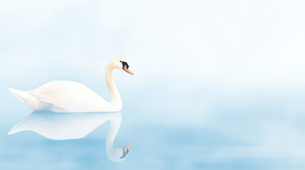 Fototapeta premium serene swan gliding on calm water in foggy landscape, evoking tranquility