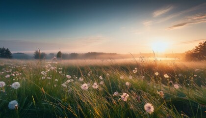 Serene Meadow at Sunrise Background