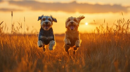 Happy dogs running sunset field, joyful play, nature