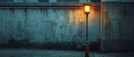 A lone street lamp casts a warm glow against a stark concrete wall during twilight, creating an urban yet poetic scene.