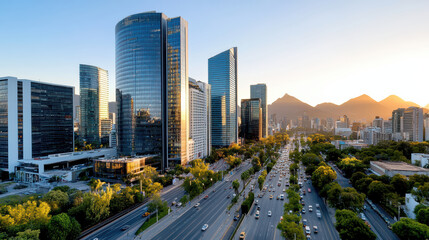 Aerial view of bustling cityscape in Mexico with modern skyscrapers and mountains