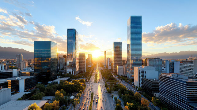 Aerial view of bustling cityscape Mexico sunset, showcasing modern architecture and vibrant