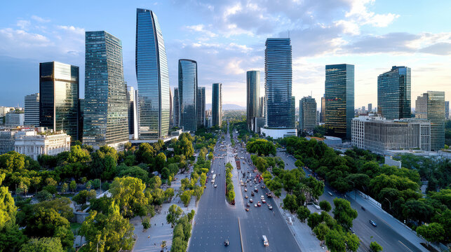 Aerial view of bustling cityscape in Mexico with modern skyscrapers and greenery
