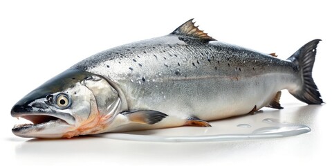 Obraz premium a large salmon lay on its side on a white background with dripping slime hanging from its body and falling onto the surface below, oceanic ecosystem, fish, salmon, wet