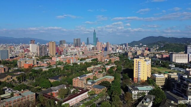 Aerial 4K footage of National Taiwan University with Taipei 101 in Taiwan. The number one university in Taiwan and best in Asia.