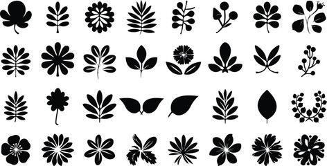 set of black and white flowers Leaf silhouettes, vector collection, diverse leaves shapes, nature elements. Ideal for eco friendly brand aesthetics, botanical illustrations, educational materials, art