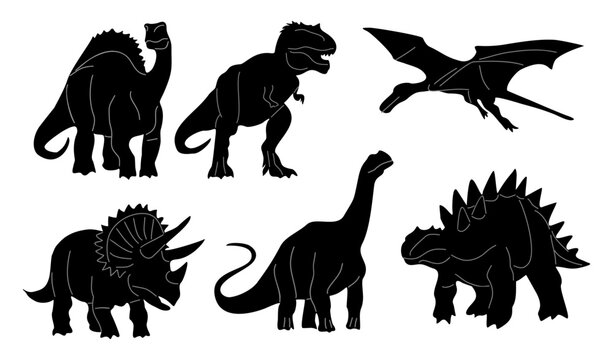 Set of different dinosaurs black silhouettes. Monochrome vector illustrations isolated on transparent background