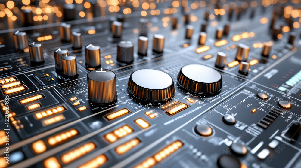 Poster close up of glowing audio mixer with illuminated controls and knobs