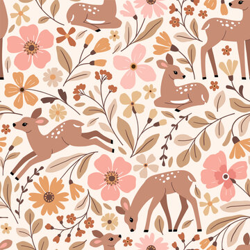 Fototapeta Seamless vector pattern with cute fawn on floral background. Hand drawn woodland illustration. Perfect for textile, wallpaper or print design. EPS10 vector file.