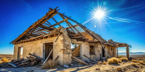 Sun-Drenched Ruins of a Deserted Adobe Structure in a Vast, Arid Landscape