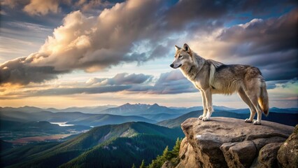 Fototapeta premium A lone gray wolf standing on a rocky cliff overlooking a vast landscape, panoramic view, rock formation, vast landscape