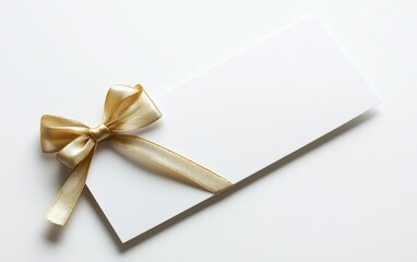A white gift voucher with a gold ribbon and bow positioned on the left side, with ample blank space for text, isolated on a bright white background