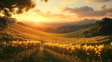 Naklejka premium Vineyard sunset landscape, rolling hills, golden hour, tourism brochure