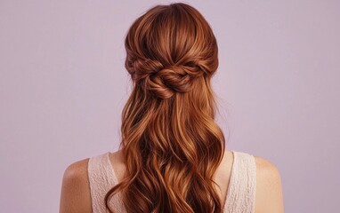 Fototapeta premium A woman with a half-up, half-down hairstyle in chestnut brown, with soft curls and subtle balayage highlights, against a light lavender background