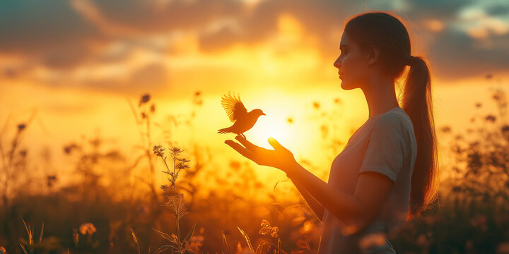 Woman gently holding bird at sunset nature scene emotional connection serene outdoor environment warm glow freedom and care
