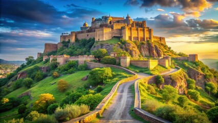 Fototapeta premium Ancient Hilltop Fortress at Sunset A Majestic View of Stone Walls, Winding Roads, and Lush Green Hills