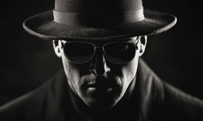 Dramatic Portrait of Mysterious Invisible Man Wearing Hat and Sunglasses in Noir Style Setting with Intense Expression, Generative AI