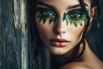 Fototapeta premium A woman with intricate green leaf makeup, gazing intensely, showcasing dramatic eye makeup and dark braided hair.