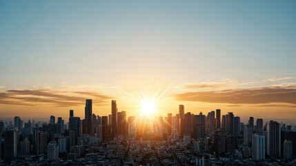 Fototapeta premium stunning sunrise over city skyline, symbolizing hope and renewal