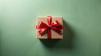 A Beautifully Wrapped Gift Box with a Red Ribbon Bow on a Soft Green Background