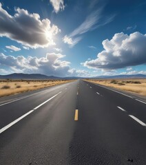 Naklejka premium A long stretch of asphalt road disappears into the distance under a brilliant blue sky with a few wispy clouds, nature, asphalt, sky