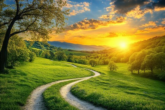Winding road sunset scenic mountain valley landscape