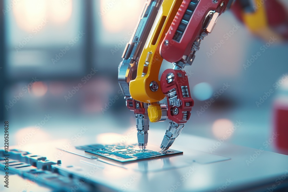 Poster robotic arms precisely assembling a circuit board, showcasing advanced automation technology.