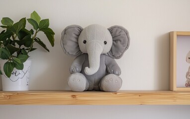 Cozy plush elephant toy with stitched details sitting on a wooden nursery shelf