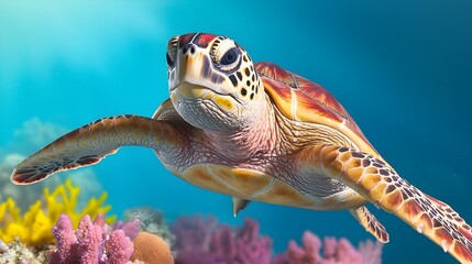Fototapeta premium Majestic Sea Turtle Swimming Gracefully Through Vibrant Coral Reef