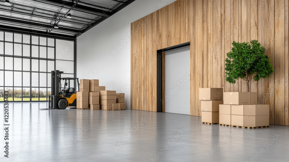 Poster efficient logistic warehouse with stacked boxes and forklift ready for use