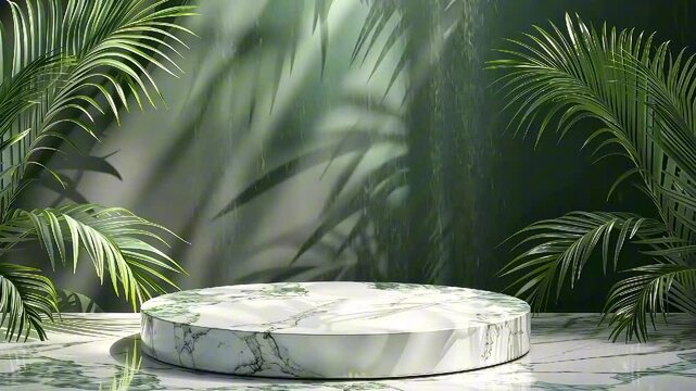 Empty marble podium pedestal for presentation of cosmetics with tropical palm leaves. Natural eco cosmetic spa concept. Mockup template scene for advertising a product