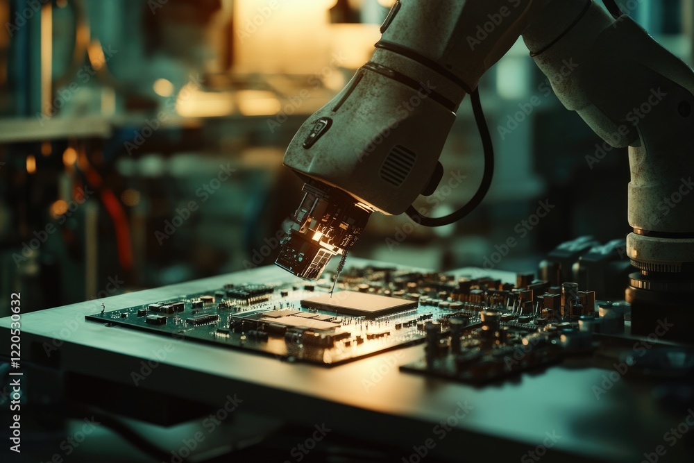 Poster a robotic arm precisely places a microprocessor onto a circuit board in a high-tech manufacturing fa