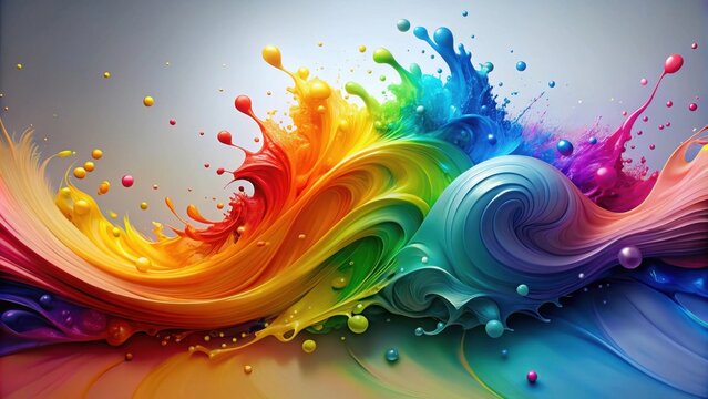 A vibrant, swirling wave of rainbow-colored paint explodes in a dynamic splash of color and energy.