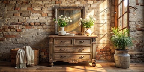 Sunlit Rustic Interior with Antique Wooden Chest of Drawers and Flowers