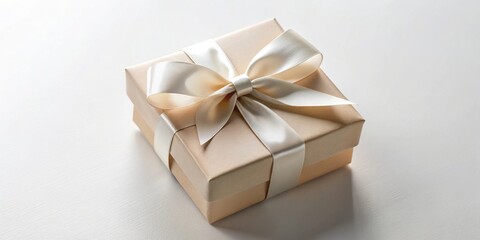 Obraz premium A delicately wrapped gift box with a creamy satin ribbon, perfect for a special occasion.