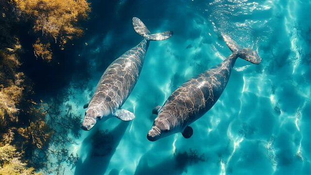 Aerial view of two dugong swimming in crystal clear water