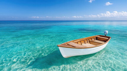 Naklejka premium traditional wooden boat anchored in calm turquoise bay, reflecting serenity