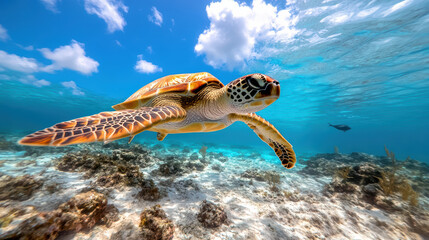 Obraz premium Underwater shot of sea turtle gliding gracefully in clear blue water