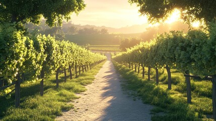 Naklejka premium Vineyard sunset path, rural landscape, winegrowing