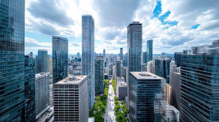 Obraz premium Urban skyline with financial district buildings and green spaces
