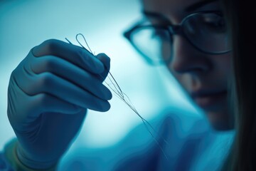 A gloved hand carefully examines a strand of hair under a bright blue light.