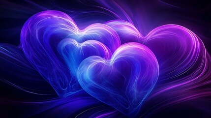 Three Abstract Hearts Glowing Blue And Purple