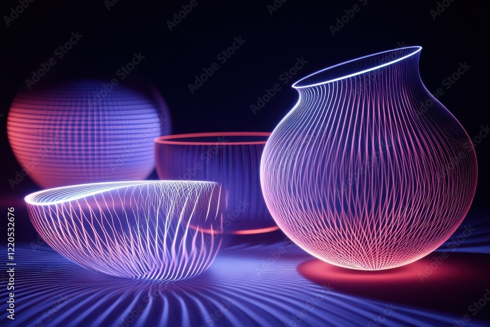 Poster colorful glowing vases create an artistic display in a darkened environment