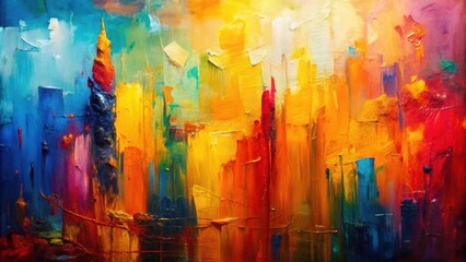 Vibrant Hues of an Abstract Metropolis An Impasto Oil Painting of Architectural Forms