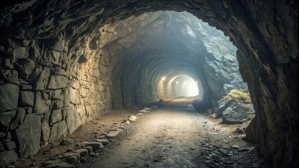 A narrow winding tunnel made of stone or concrete with a glowing light at the end casting an ethereal glow on the surrounding rocks and dust, abandoned, bright light