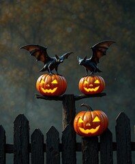 A pair of bats perched atop two glowing pumpkins on a rickety wooden fence , bats, eerie, night scene