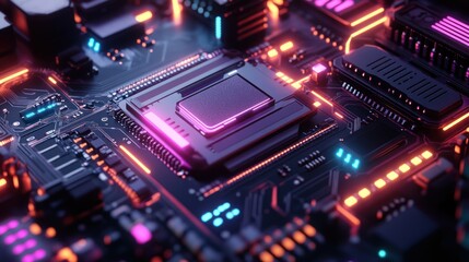 Obraz premium Neon-lit CPU on Motherboard, Tech Background, Data Processing